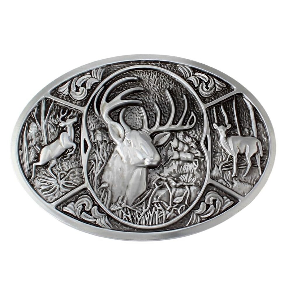 5935 Deer Elk Belt Buckle - Silver Alloy Classic Western Style Deer Hunting
